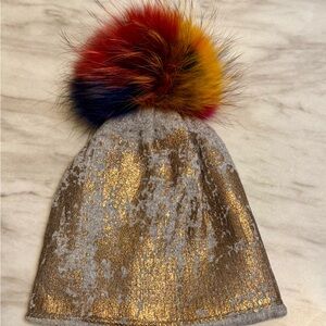 Gray Knit Beanie with Gold Foil Accents and Multicolor Faux Fur Pom